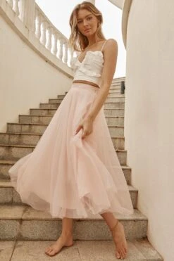 Jasmine Organza Mesh Elasticated Waist Midi Skirt Blush -Trend Whisper 14491B01 BABY PINK 8