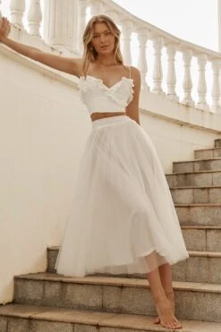 Jasmine Organza Mesh Elasticated Waist Midi Skirt White -Trend Whisper 14491B01 WHITE 2