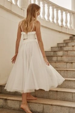 Jasmine Organza Mesh Elasticated Waist Midi Skirt White -Trend Whisper 14491B01 WHITE 5