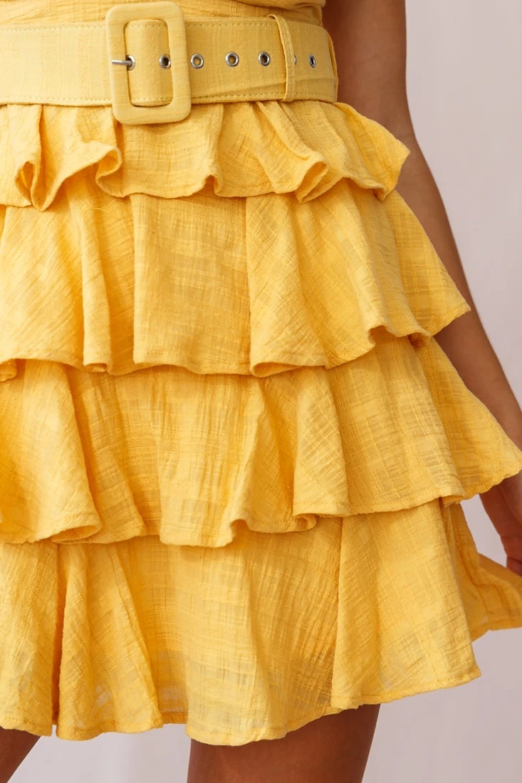 Queensland Tiered Frill Belt Dress Mustard 4 Queensland Tiered Frill Belt Dress Mustard - Image 4