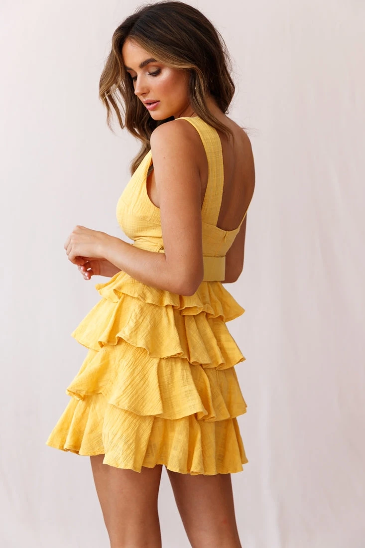 Queensland Tiered Frill Belt Dress Mustard 3 Queensland Tiered Frill Belt Dress Mustard - Image 3