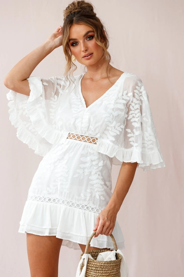 Caspar Leafy Embroidered Dress White 1 Caspar Leafy Embroidered Dress White