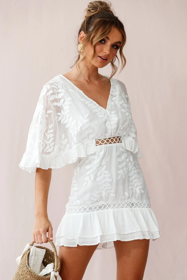 Caspar Leafy Embroidered Dress White 6 Caspar Leafy Embroidered Dress White - Image 6
