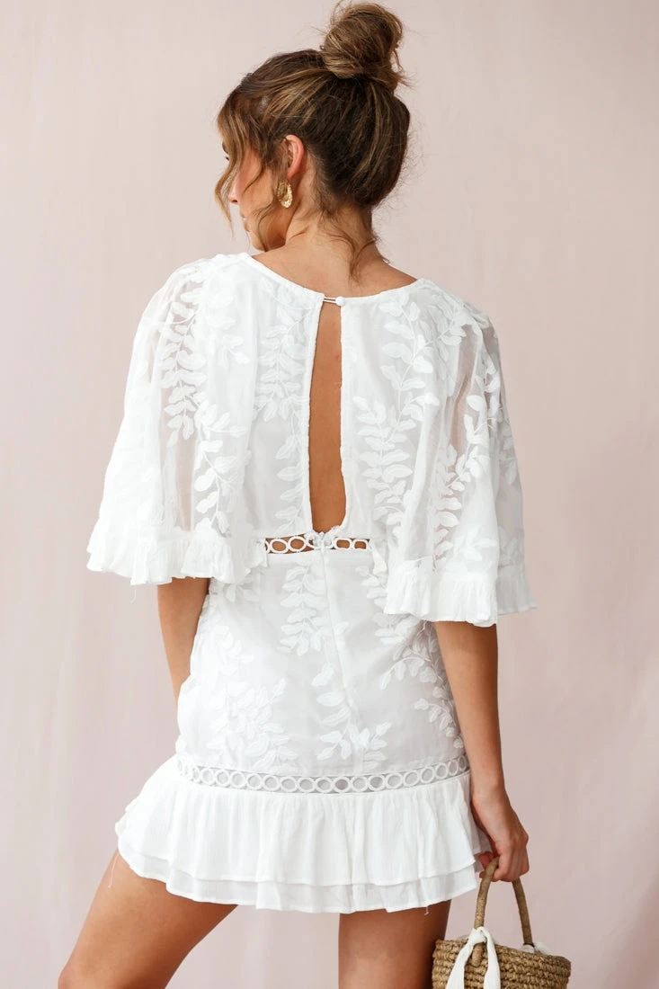 Caspar Leafy Embroidered Dress White 3 Caspar Leafy Embroidered Dress White - Image 3