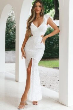Pearl Ruffle Shoulder Lace Maxi Dress White