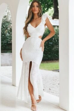 Pearl Ruffle Shoulder Lace Maxi Dress White 10 Pearl Ruffle Shoulder Lace Maxi Dress White -Trend Whisper 26923DC02 20WHITE 2