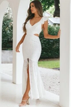 Pearl Ruffle Shoulder Lace Maxi Dress White 12 Pearl Ruffle Shoulder Lace Maxi Dress White -Trend Whisper 26923DC02 20WHITE 5