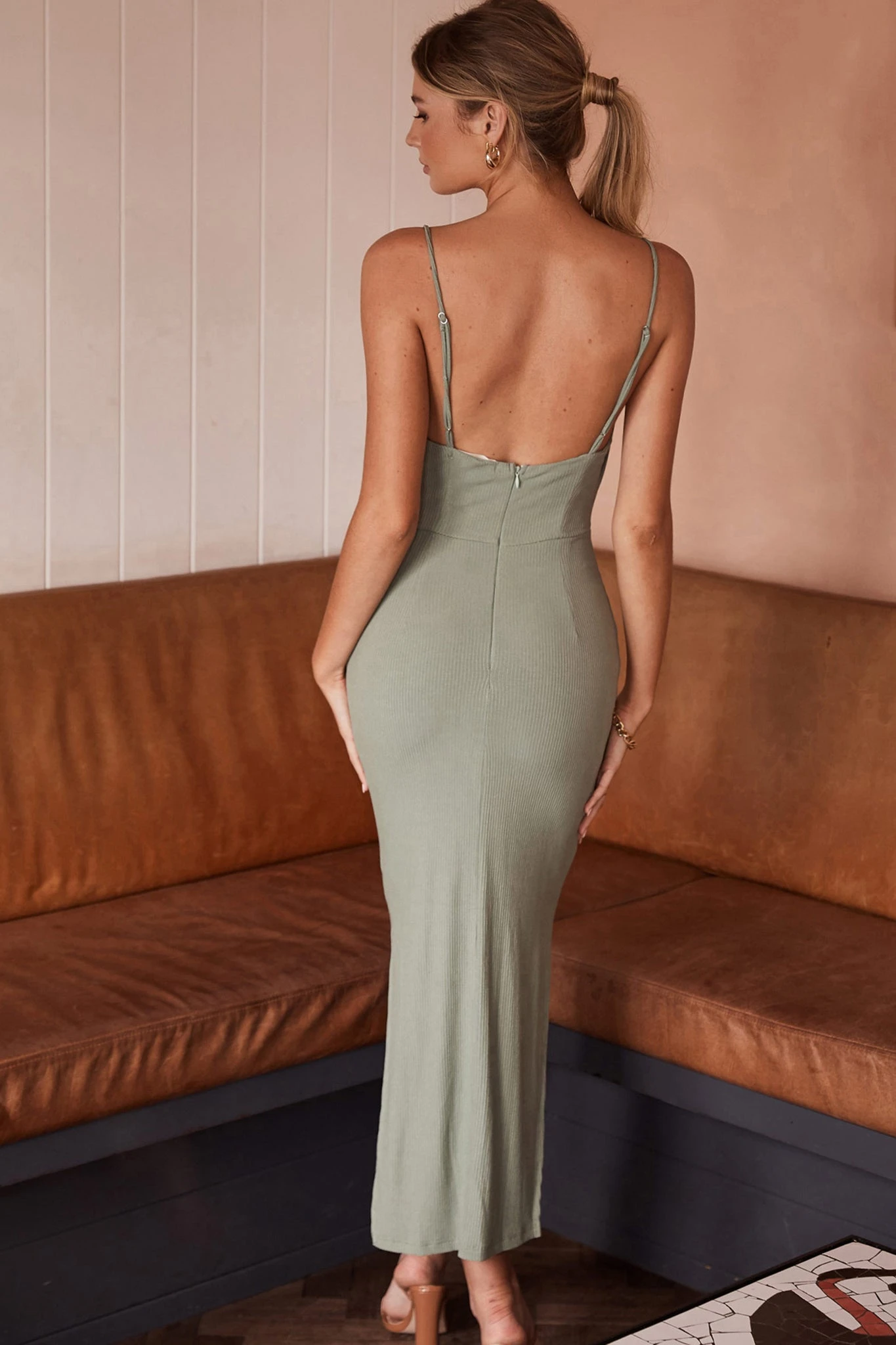 Frieda Cowl Neck Side Split Ribbed Midi Dress Sage 2 Frieda Cowl Neck Side Split Ribbed Midi Dress Sage - Image 2