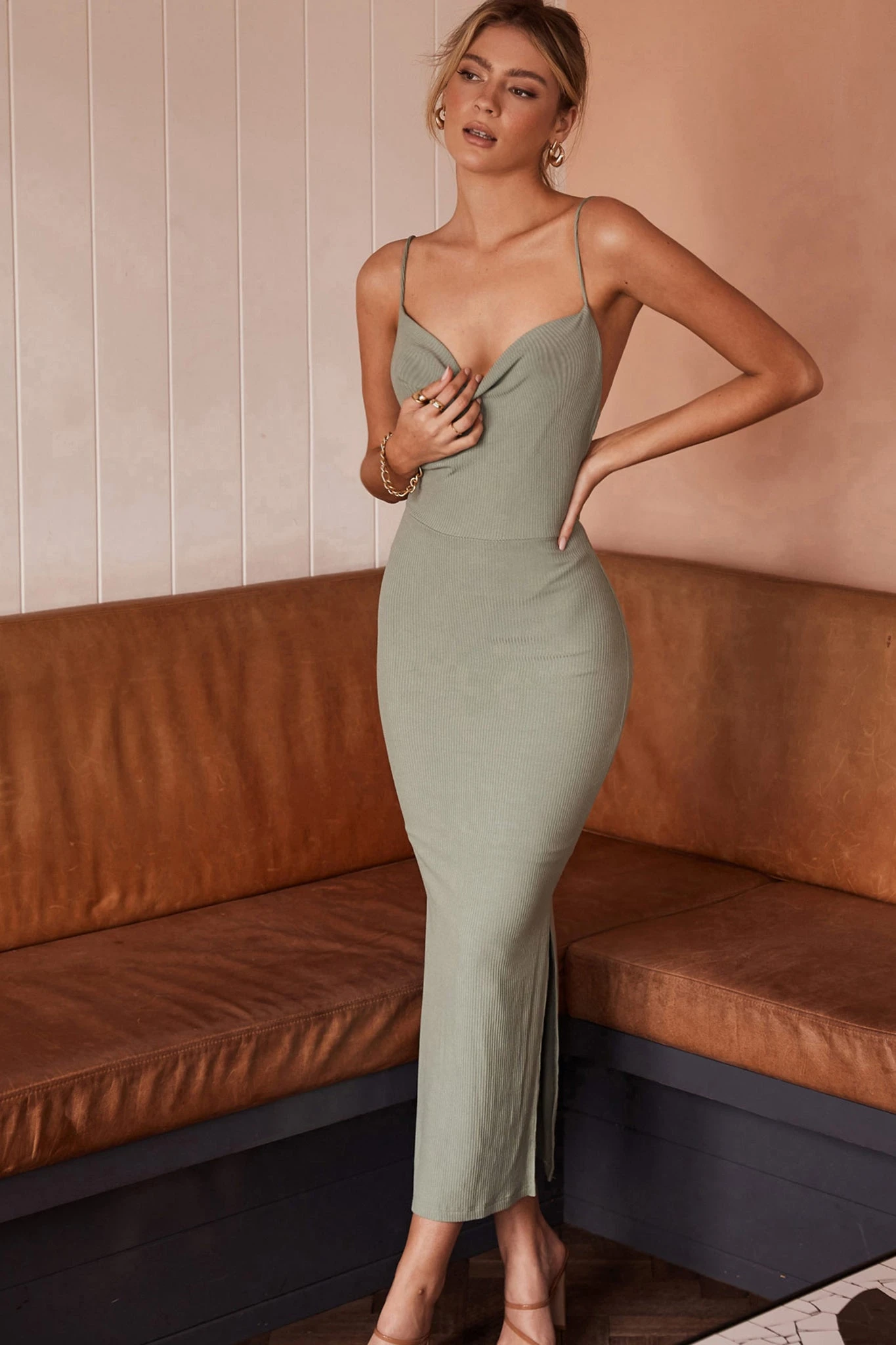 Frieda Cowl Neck Side Split Ribbed Midi Dress Sage 5 Frieda Cowl Neck Side Split Ribbed Midi Dress Sage - Image 5