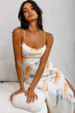 Well Versed Pleated Bust Front Split Dress Paint Print Blue/Orange -Trend Whisper 27595DR32BLUE ORANGE 4