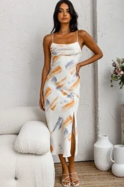 Well Versed Pleated Bust Front Split Dress Paint Print Blue/Orange -Trend Whisper 27595DR32BLUE ORANGE 7