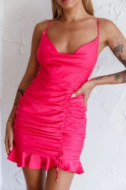 Harriet Cowl Neck Ruched Satin Mini Dress Hot Pink -Trend Whisper 27604BC01 20HOT 20PINK 4
