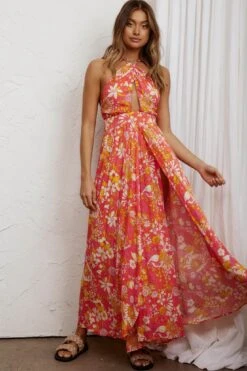 Athena High Split Maxi Dress Retro Floral Orange -Trend Whisper 52405BM06 20ORANGE 2