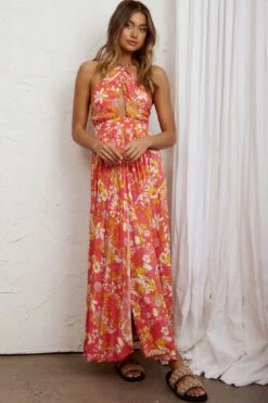 Athena High Split Maxi Dress Retro Floral Orange -Trend Whisper 52405BM06 20ORANGE 4