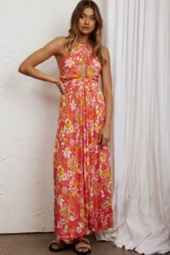Athena High Split Maxi Dress Retro Floral Orange -Trend Whisper 52405BM06 20ORANGE 8