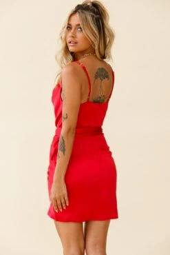 Bebe Satin Cowl Neck Wrap Dress Red -Trend Whisper 62327B RED 2