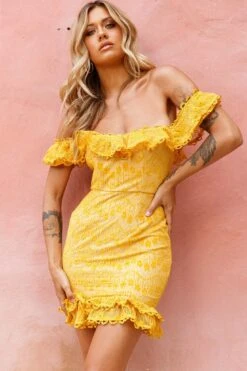 Bobby Bardot Neckline Floral Lace Overlay Dress Mustard -Trend Whisper 62476B04 MUSTARD 5