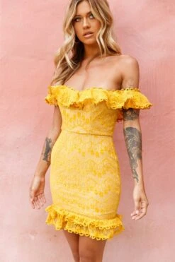 Bobby Bardot Neckline Floral Lace Overlay Dress Mustard -Trend Whisper 62476B04 MUSTARD 6