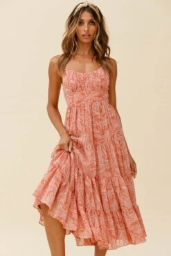Eternal Sunshine Gathered Bust Maxi Dress Leaf Print Pink -Trend Whisper 62638D02 PINK 3