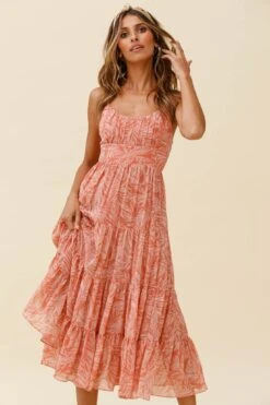 Eternal Sunshine Gathered Bust Maxi Dress Leaf Print Pink -Trend Whisper 62638D02 PINK 4