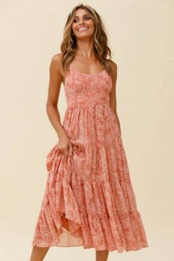 Eternal Sunshine Gathered Bust Maxi Dress Leaf Print Pink -Trend Whisper 62638D02 PINK 5