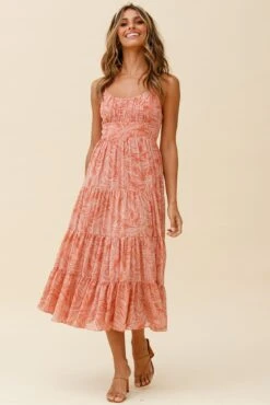 Eternal Sunshine Gathered Bust Maxi Dress Leaf Print Pink -Trend Whisper 62638D02 PINK 8