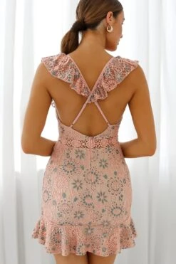 Short Story Ruffle Strap Criss-Cross Back Dress Floral Lace Blush/Teal -Trend Whisper 62961d blush teal 3