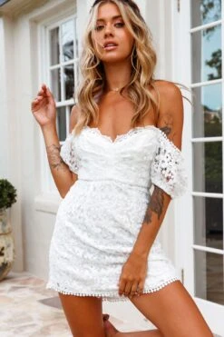 Costa Mesa Puff Sleeve Lace Overlay Dress White -Trend Whisper 62989B WHITE 1