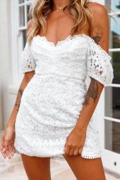Costa Mesa Puff Sleeve Lace Overlay Dress White -Trend Whisper 62989B WHITE 4