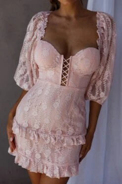 Hemingway Criss-Cross Bust Balloon Sleeve Frill Trim Lace Dress Blush -Trend Whisper 63347JS02 20BLUSH 4