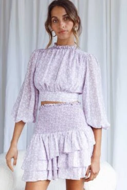 Whisked Away Shirred Waist Layered Mini Skirt Floral Print Lilac 10 Whisked Away Shirred Waist Layered Mini Skirt Floral Print Lilac -Trend Whisper 63378D S LILAC 2