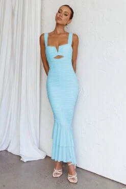 Nadia Ruched Fishtail Maxi Dress Light Blue