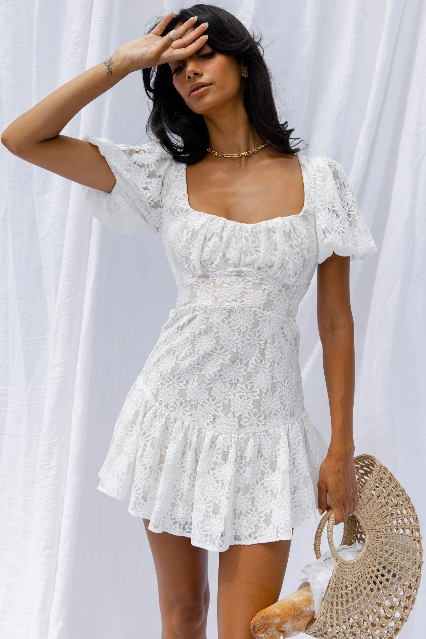 Petite Cherie Puff Sleeve Lace-Up Back Dress Lace White 1 Petite Cherie Puff Sleeve Lace-Up Back Dress Lace White