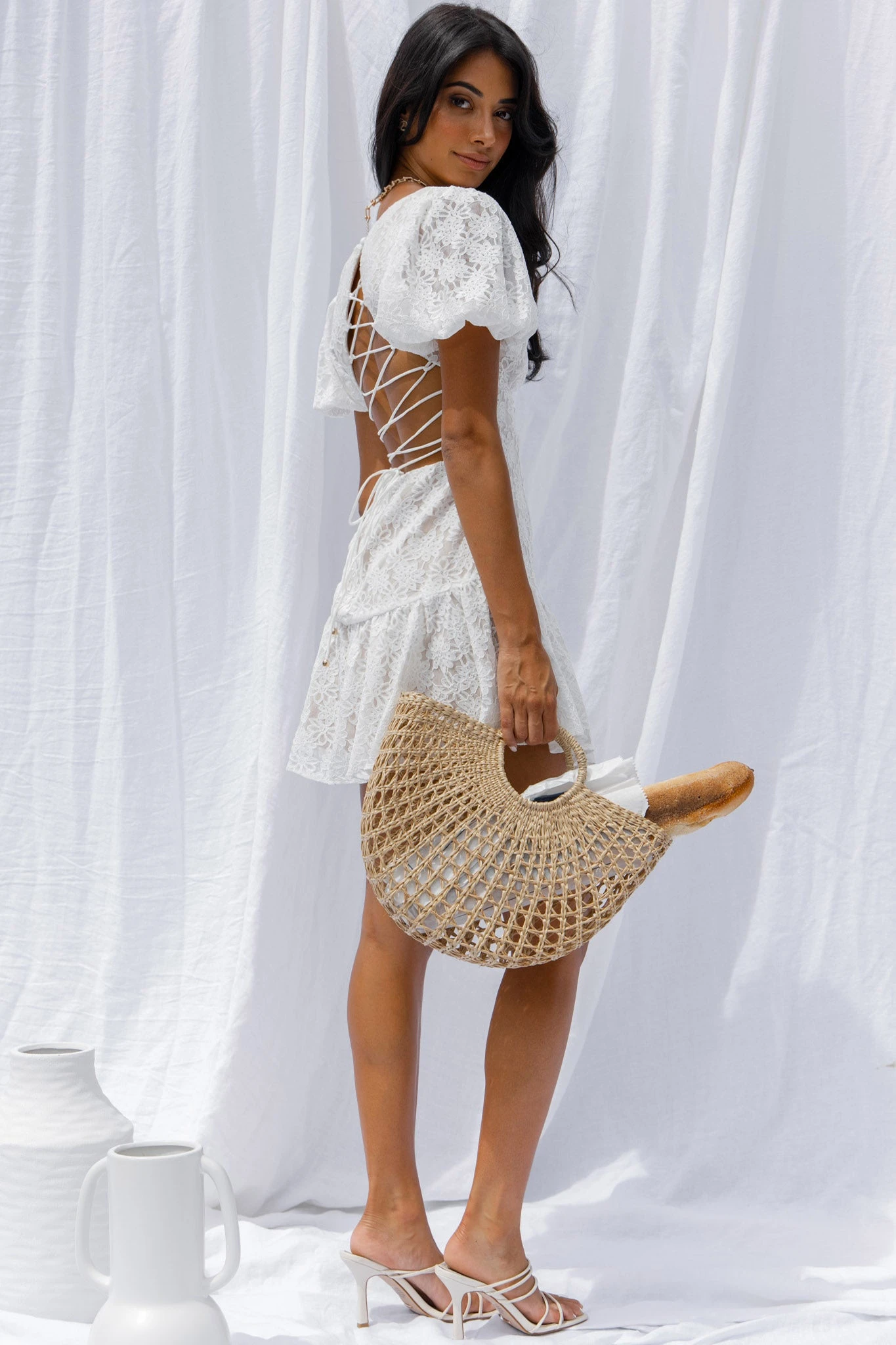 Petite Cherie Puff Sleeve Lace-Up Back Dress Lace White 2 Petite Cherie Puff Sleeve Lace-Up Back Dress Lace White - Image 2