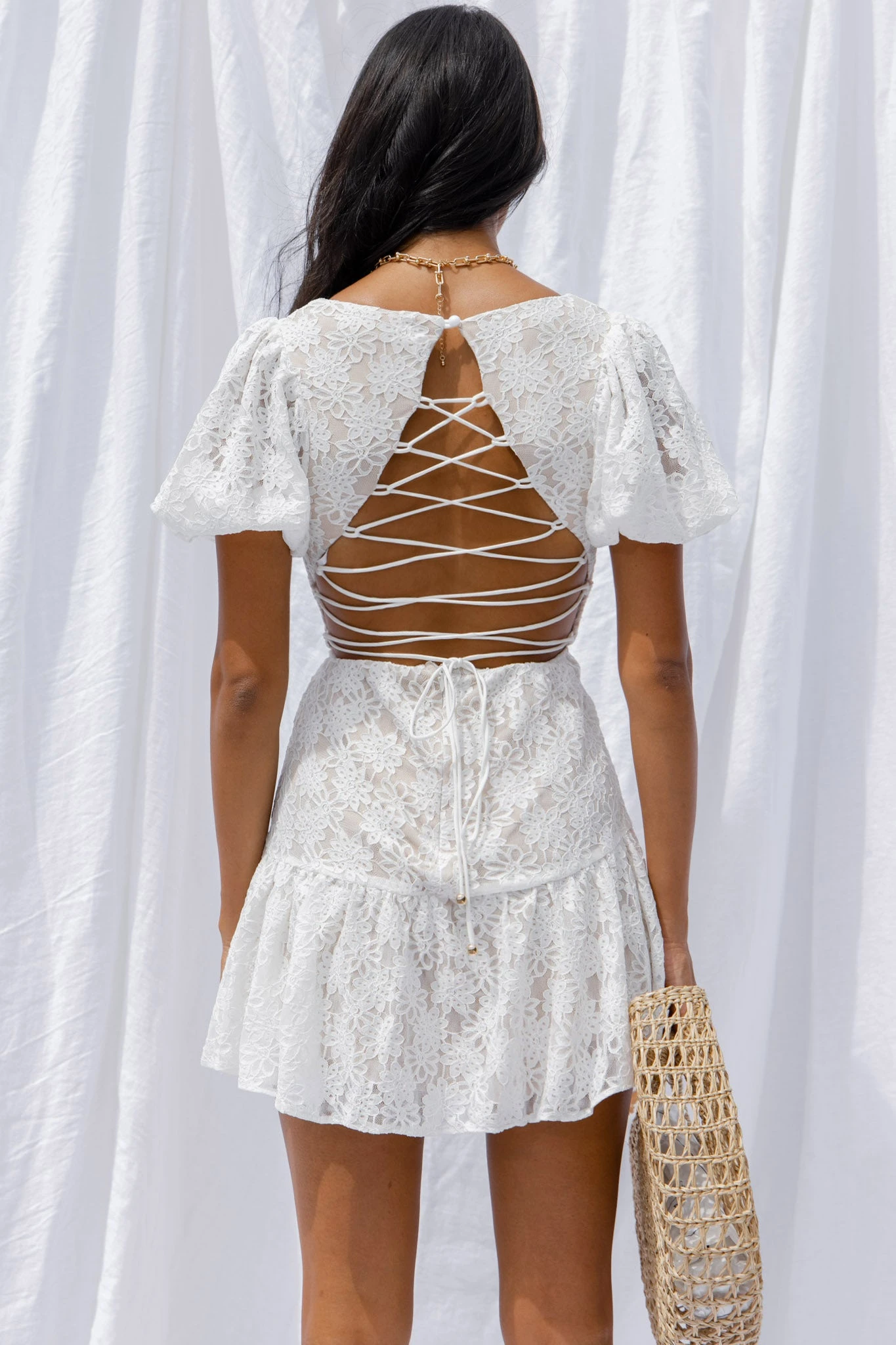 Petite Cherie Puff Sleeve Lace-Up Back Dress Lace White 4 Petite Cherie Puff Sleeve Lace-Up Back Dress Lace White - Image 4
