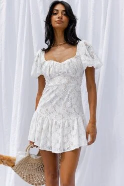 Petite Cherie Puff Sleeve Lace-Up Back Dress Lace White 15 Petite Cherie Puff Sleeve Lace-Up Back Dress Lace White -Trend Whisper CM0812D01 20WHITE 8