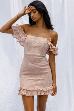 Verona Off-Shoulder Lace Overlay Mini Dress Blush