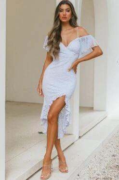 Maribel Hail Spot Sleeve Asymmetrical Hem Lace Midi Dress Baby Blue -Trend Whisper CM0915DS01 20BABY 20BLUE 2