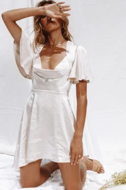 Sydney Angel Sleeve Cowl Neck Satin Dress Champagne 12 Sydney Angel Sleeve Cowl Neck Satin Dress Champagne -Trend Whisper CM0953B CHAMPAGNE 5