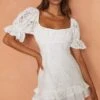 Georgia Peach Puff Sleeve Double Frill Hem Lace Dress White