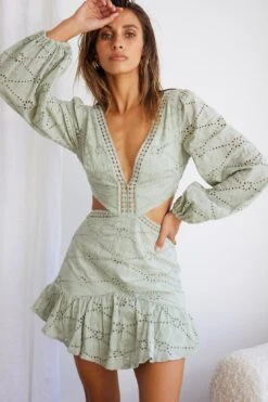 Santorini Sunset Balloon Sleeve Cut-Out Eyelet Dress Sage -Trend Whisper CM1164B SAGE 7