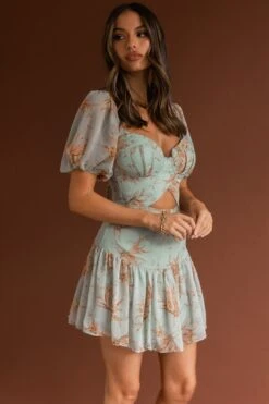 Devoted Structured Bust Puff Sleeve Dress Lily Print Pistachio -Trend Whisper CM1255J02 PISTACHIO 7