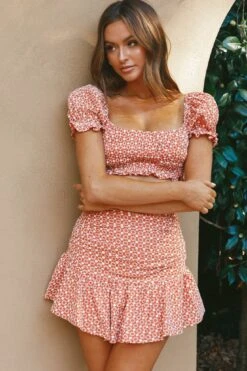 Paradis Ruched Eyelet Embroidery Mini Skirt Terracotta -Trend Whisper CM1269B S TERRACOTTA 7