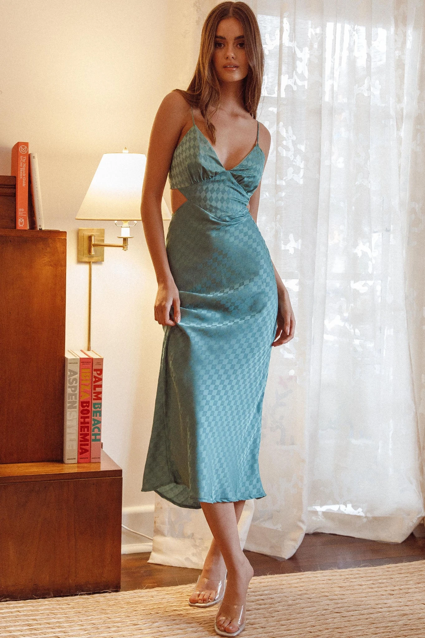 City Lights Cut-Out Waist Split Midi Dress Check Green 1 City Lights Cut-Out Waist Split Midi Dress Check Green