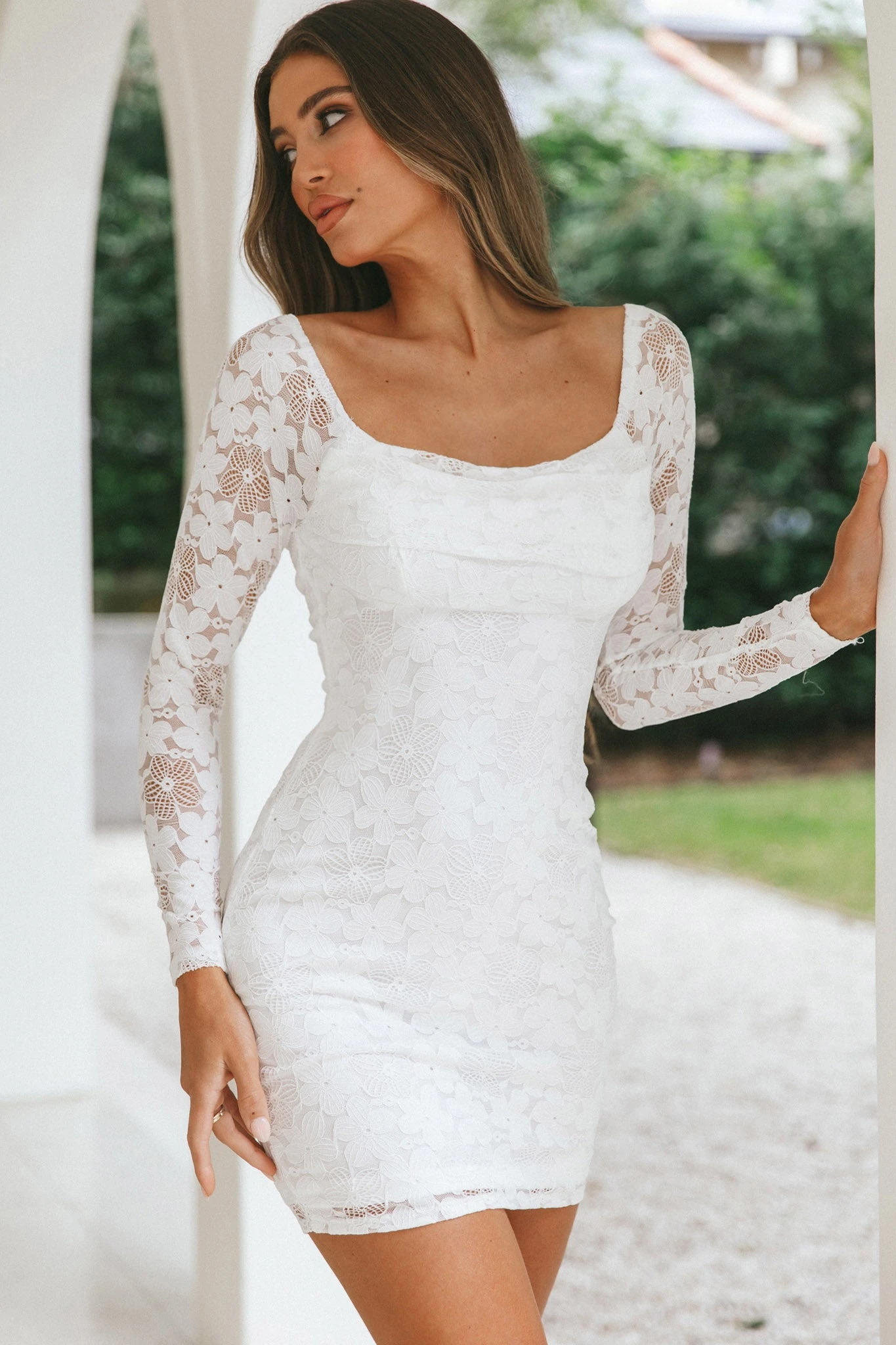 Freja Long Sleeve Cowl Neck Lace Mini Dress White 1 Freja Long Sleeve Cowl Neck Lace Mini Dress White