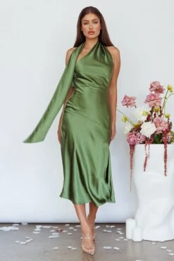 Italian Summer Tie Neck Midi Dress Olive -Trend Whisper CM3066D 20OLIVE 2