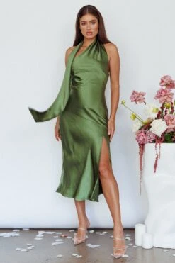 Italian Summer Tie Neck Midi Dress Olive -Trend Whisper CM3066D 20OLIVE 4