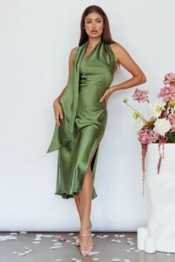 Italian Summer Tie Neck Midi Dress Olive -Trend Whisper CM3066D 20OLIVE 5