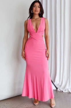 High Life Plunging Neckline Maxi Dress Hot Pink -Trend Whisper CM4058H 20HOT 20PINK 1