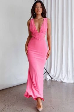 High Life Plunging Neckline Maxi Dress Hot Pink -Trend Whisper CM4058H 20HOT 20PINK 2